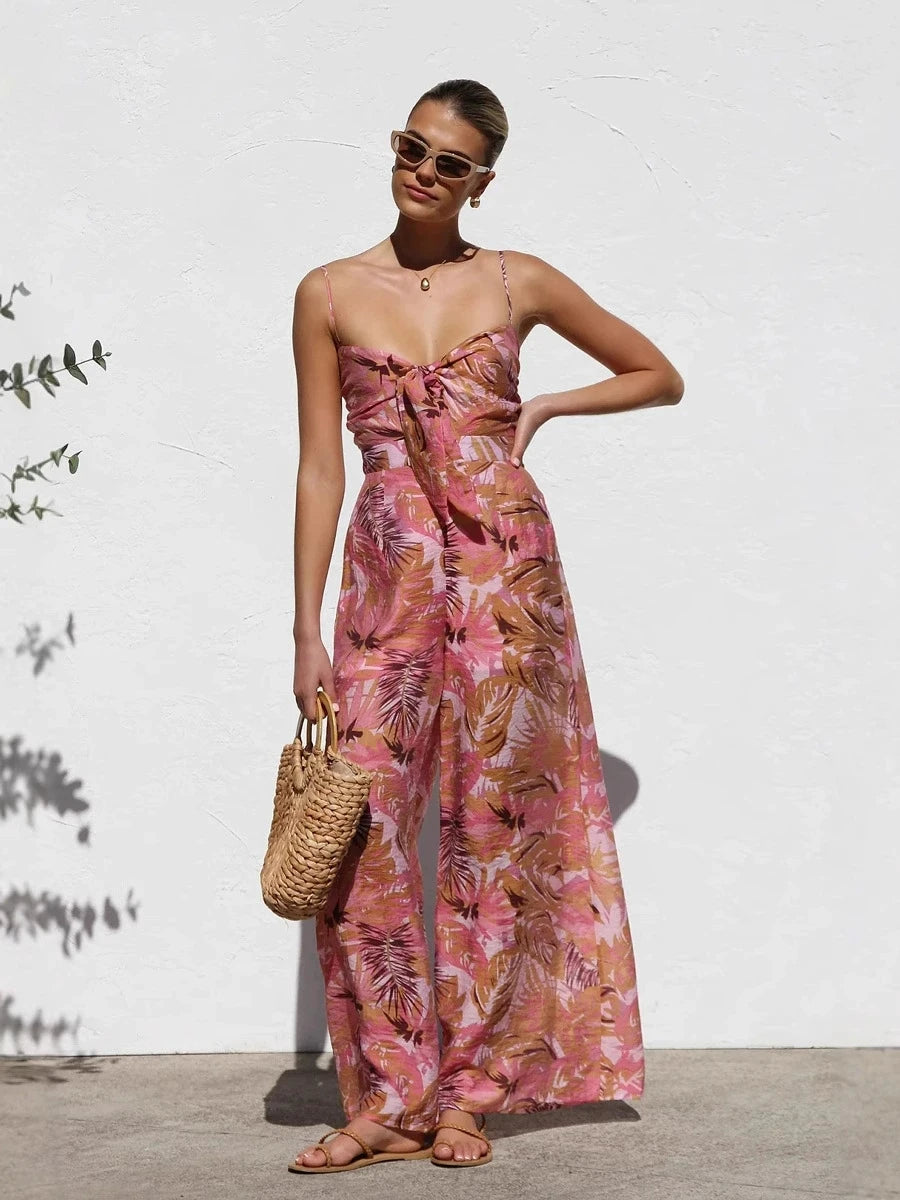 Bow-Tie Vacation Print Jumpsuit