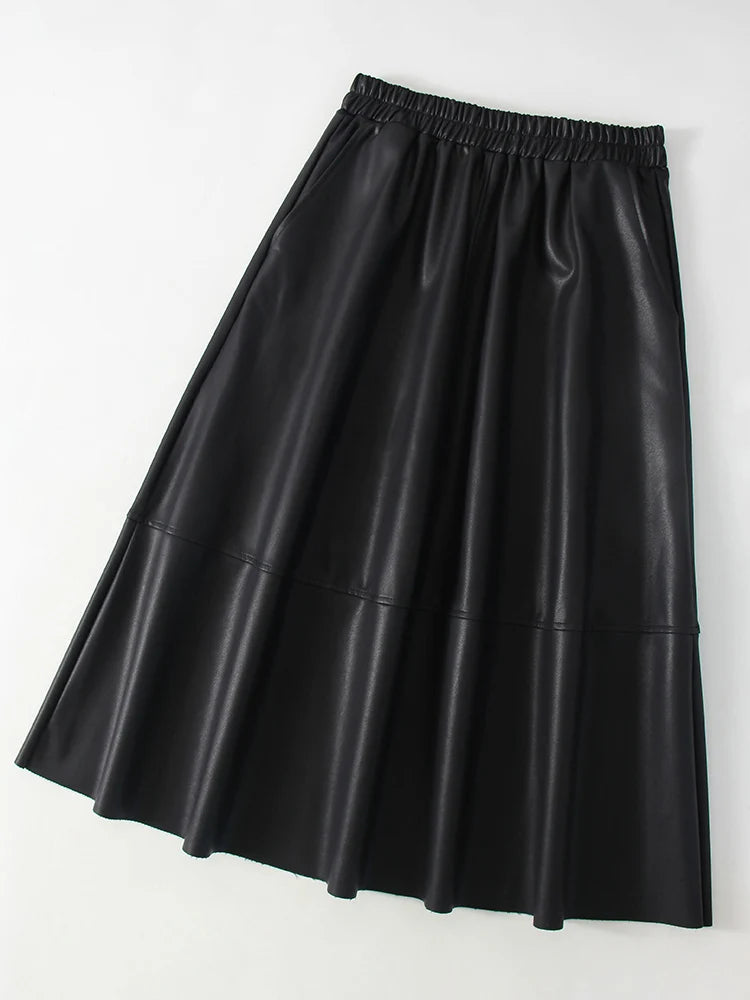 Midi Brown Leather Skirts For Women Autumn Winter Elastic Waist A Line Big Swing Black Long Skirts Women Leather With Pockets