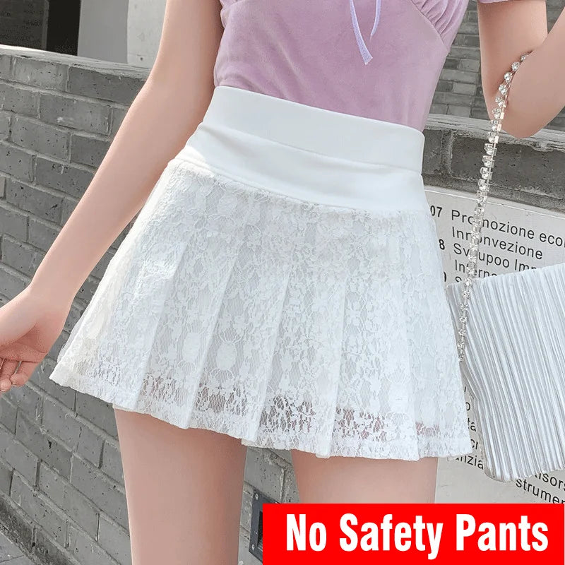 2023 Summer New Style Miniskirt Women High Waist Lace Black White Sweet and Cute Student Skirt Fashion Pleated Skirt