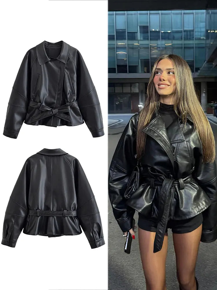Belted Faux-Leather Trench Coat