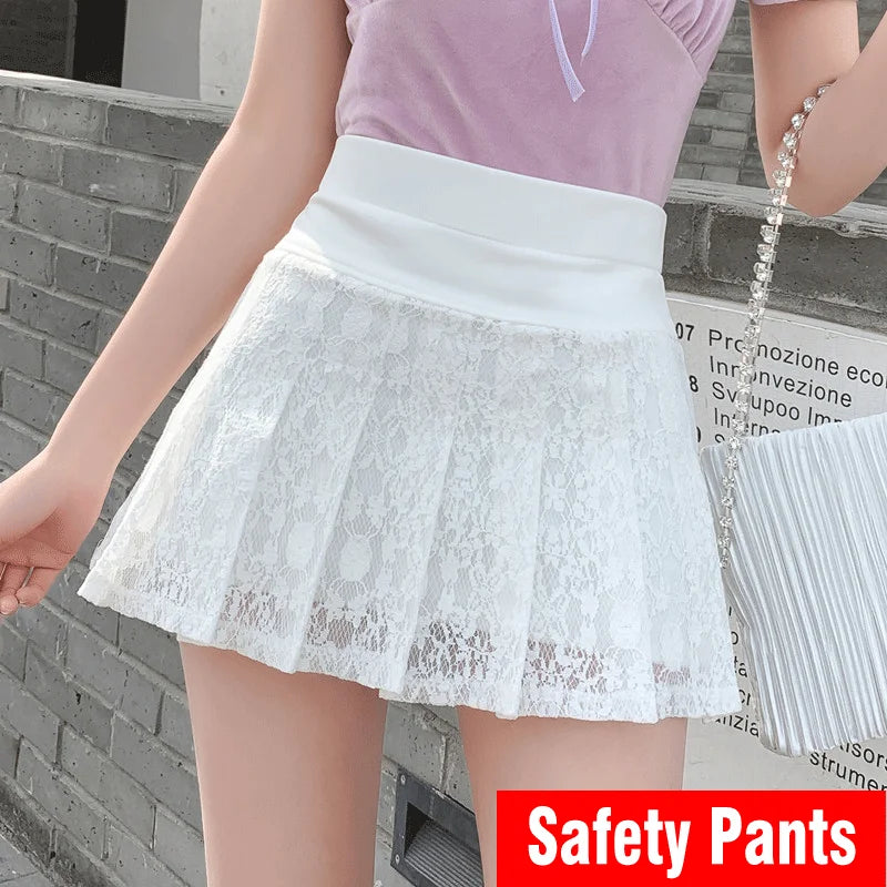 2023 Summer New Style Miniskirt Women High Waist Lace Black White Sweet and Cute Student Skirt Fashion Pleated Skirt