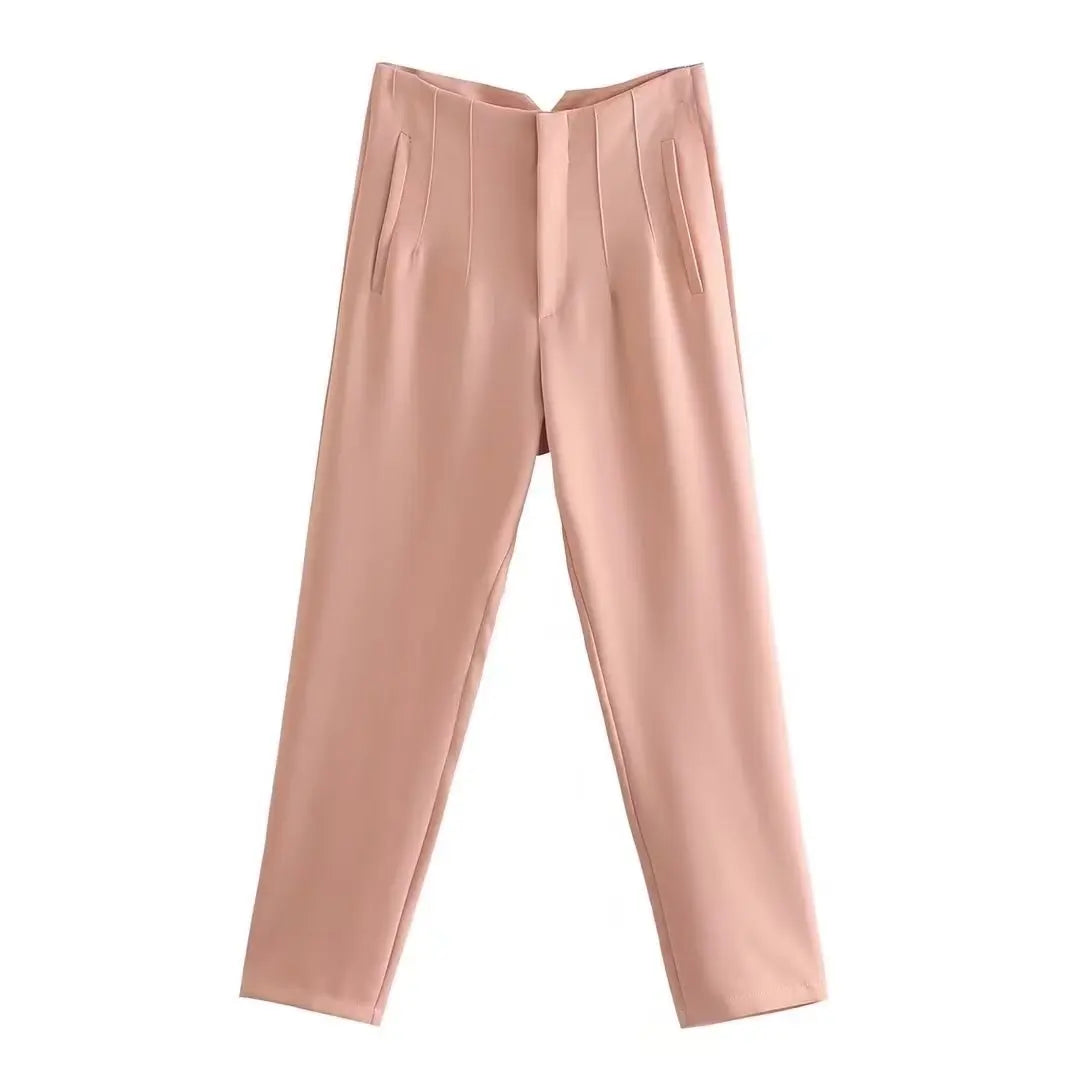 High-Waist Zipper Straight Trousers
