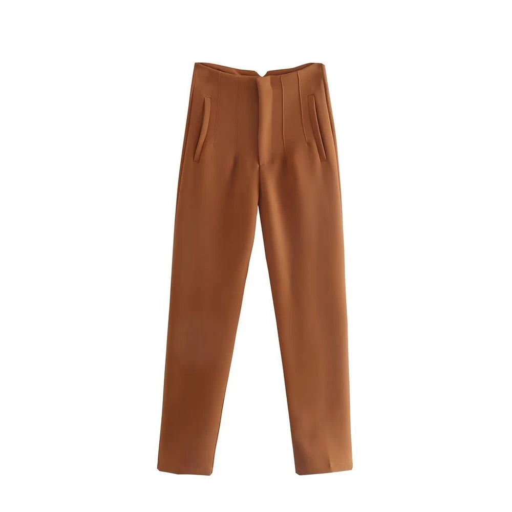 High-Waist Zipper Straight Trousers