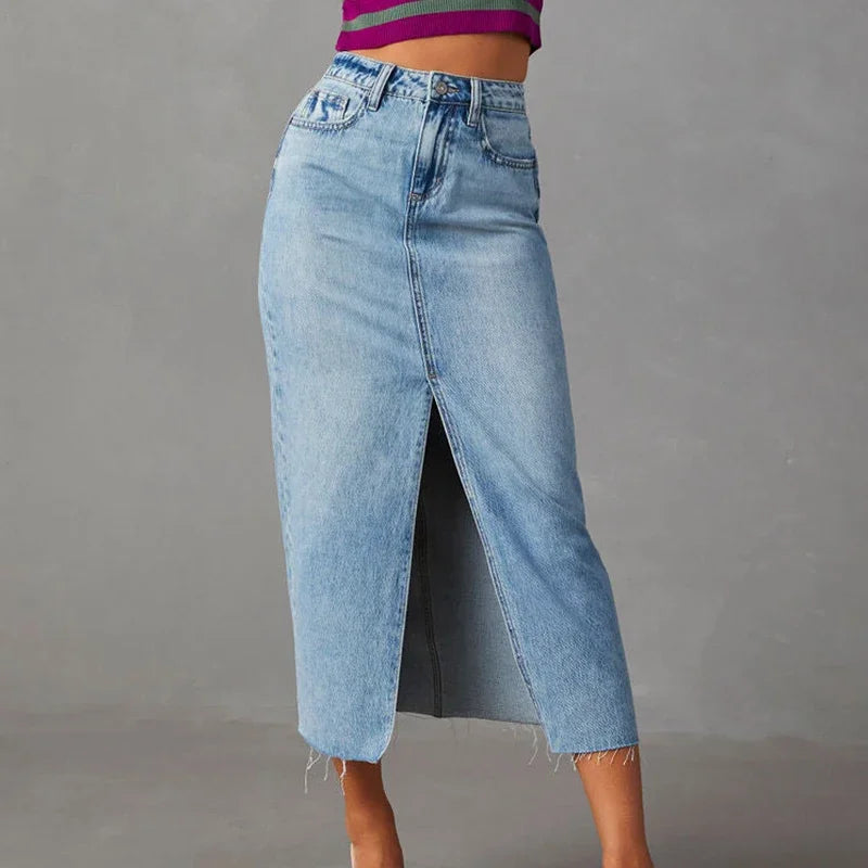 Washed Denim Fashion Skirts Woman High Waist A Line Split Midi Faldas Female 2024 Winter Streetwear Vintage Ladies Long Skirt