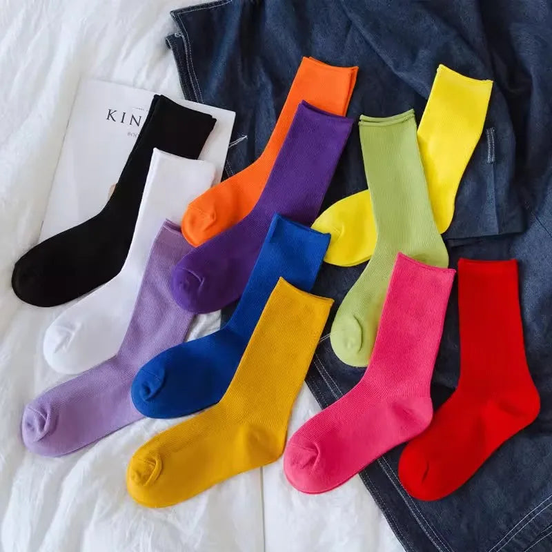 New Women Socks Fashion Solid Color Crew Socks For Women Preppy Style Breathable Neon Color Long Korean White Socks Girl Casual