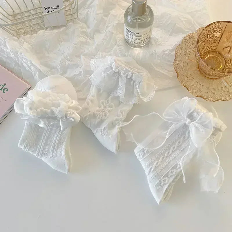 JK Japanese Lace Bow Ruffle Socks Kawaii Lolita Short Socks Cotton Socks Lacework Stockings Women's Mid-tube Solid Stockings