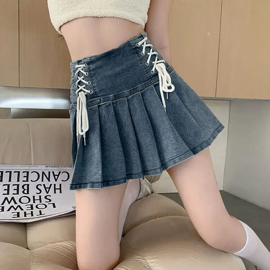 Denim Pleated Skirts Women Cute Lace-up Chic Girlish Summer Mini Skirt Korean Style Fashion Sexy High Waist Streetwear College
