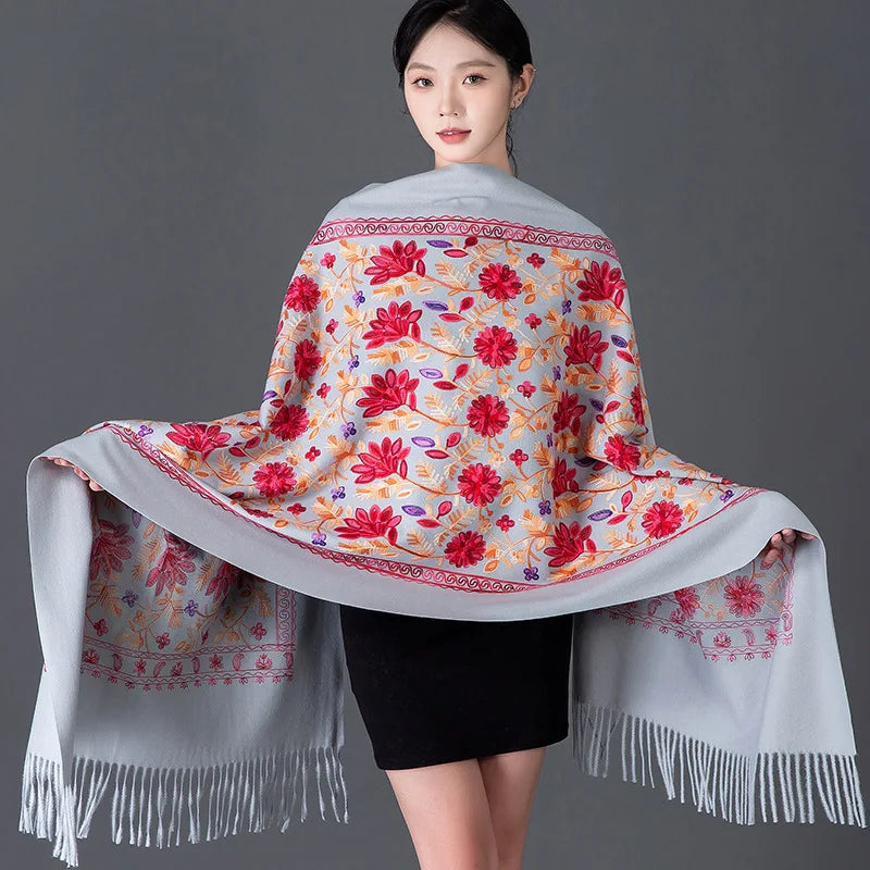 Luxury Women Floral Embroidery Cashmere Scarf Winter Warm Shawl Soft Thick Pashmina Foulard Female Tassel Blanket Scarves Wraps
