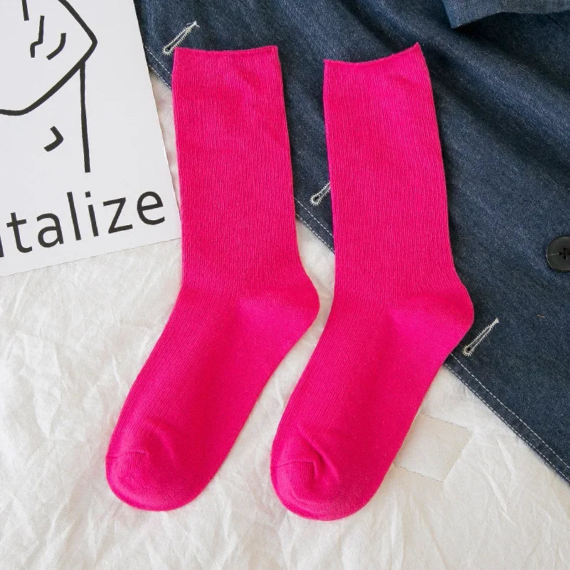 New Women Socks Fashion Solid Color Crew Socks For Women Preppy Style Breathable Neon Color Long Korean White Socks Girl Casual