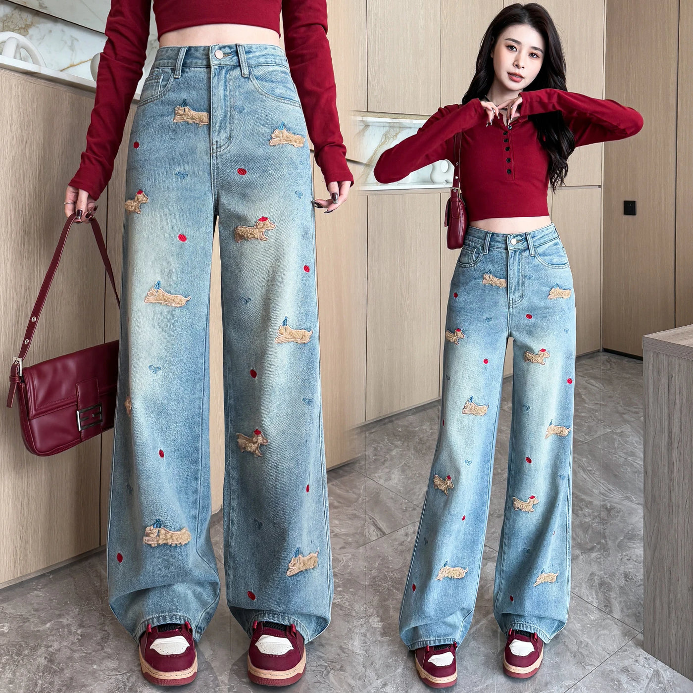 Embroidered Dog Straight-Leg Jeans