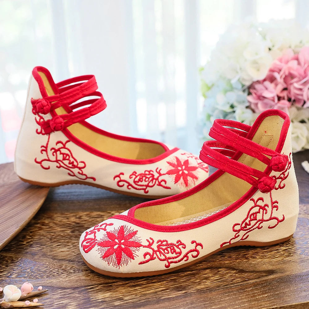 Veowalk Sunflower Embroidered Women Canvas Ballet Flats Ankle Strap Ladies Casual Cotton Chinese Embroidery Ballerina Shoes