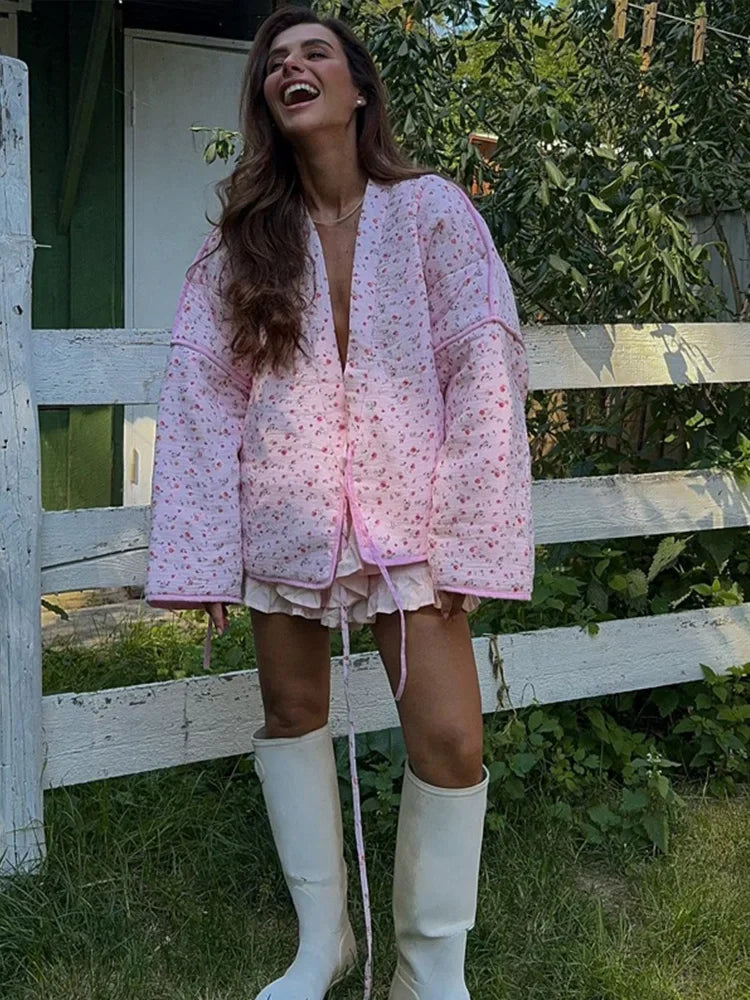 Floral Cotton-Padded Lace-Up Jacket