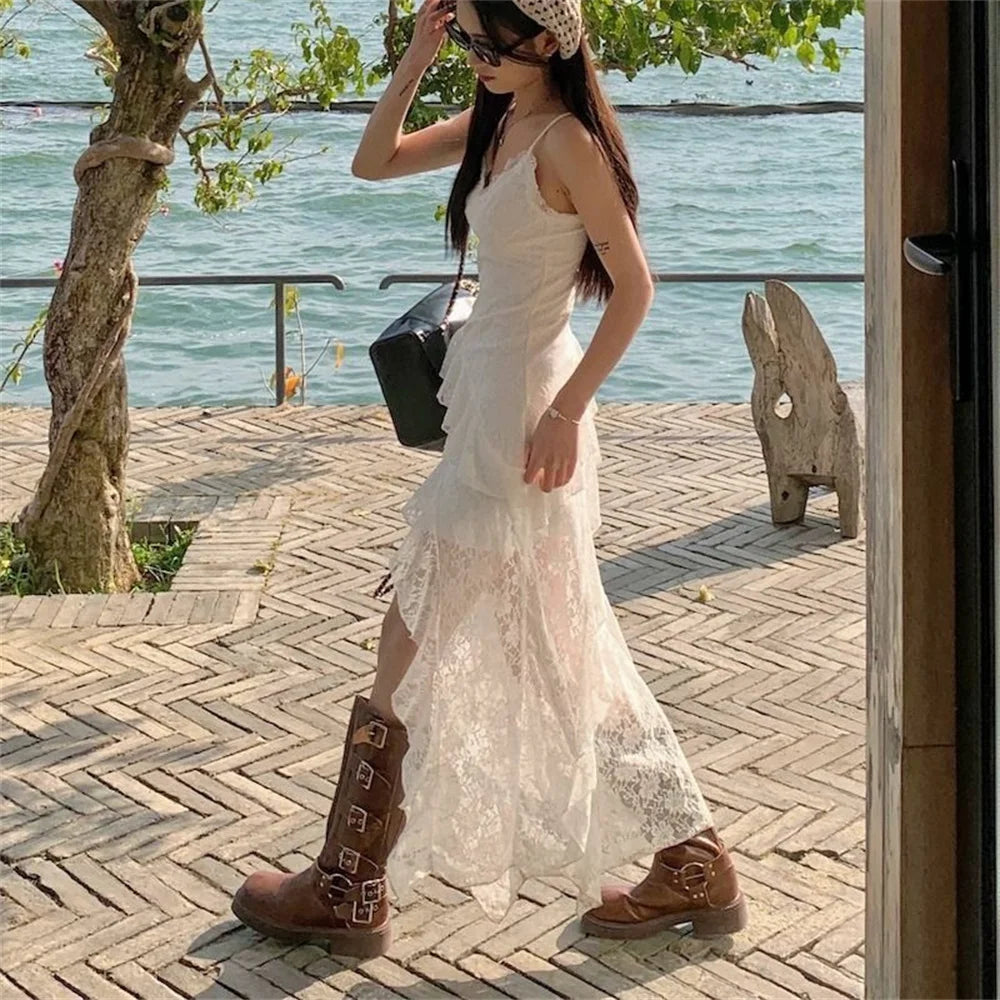 Ruffled White Lace Dress