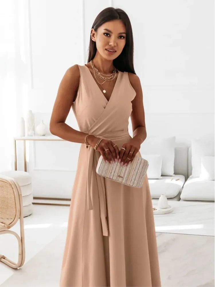 Lace-Up V-Neck Maxi Dress