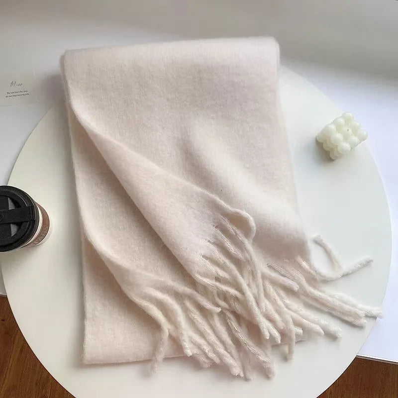 1PC New Soft Winter Scarf Solid Color Warm Long Tassel Scarves Mohair Thickened Wrap Shawls For Women Girls