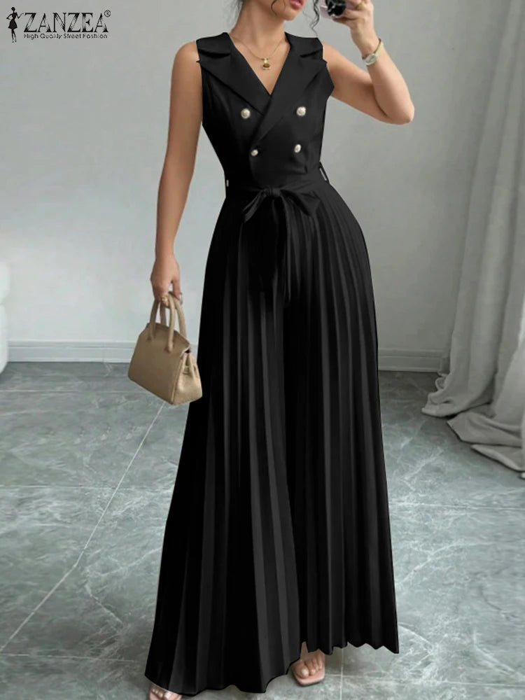 Pleated Sleeveless Office Jumpsuit