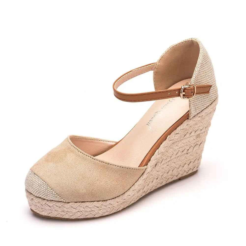 Crystal Queen Women Suede Wedges High Ankle Toe Casual Slope Round Head Sandals Dress Shoes