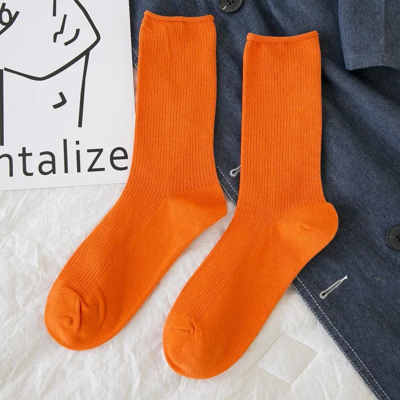 New Women Socks Fashion Solid Color Crew Socks For Women Preppy Style Breathable Neon Color Long Korean White Socks Girl Casual