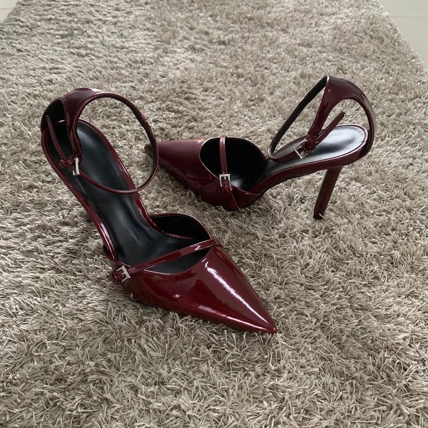 Fashion Dark Red Ankle Strap Pumps Women Point Head Patent Leather Stilettos Summer Sexy Thin High Heels Sandals For Woman
