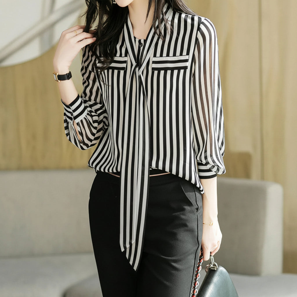 Summer Autumn Elegant Fashion office lady Striped Printing fashion woman blouses 2024 Temperament Long Sleeve Shirt t shirt wome