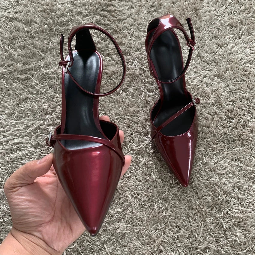 Fashion Dark Red Ankle Strap Pumps Women Point Head Patent Leather Stilettos Summer Sexy Thin High Heels Sandals For Woman