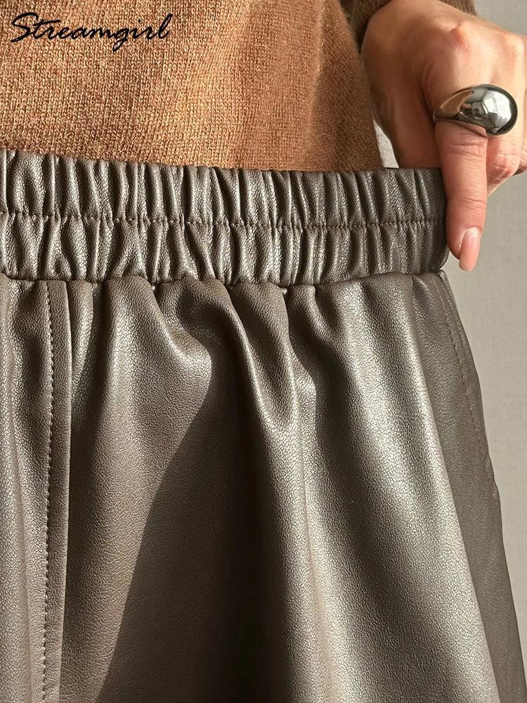 Midi Brown Leather Skirts For Women Autumn Winter Elastic Waist A Line Big Swing Black Long Skirts Women Leather With Pockets