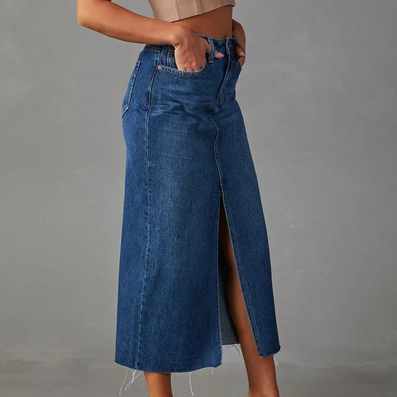 Washed Denim Fashion Skirts Woman High Waist A Line Split Midi Faldas Female 2024 Winter Streetwear Vintage Ladies Long Skirt