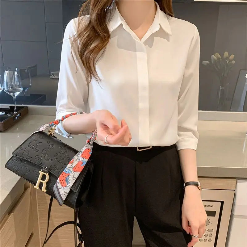 Office Lady Solid Color Blouses Button Turn-down Collar Simple Loose Shirts Tops Women Spring Autumn New Grace Trend Clothing