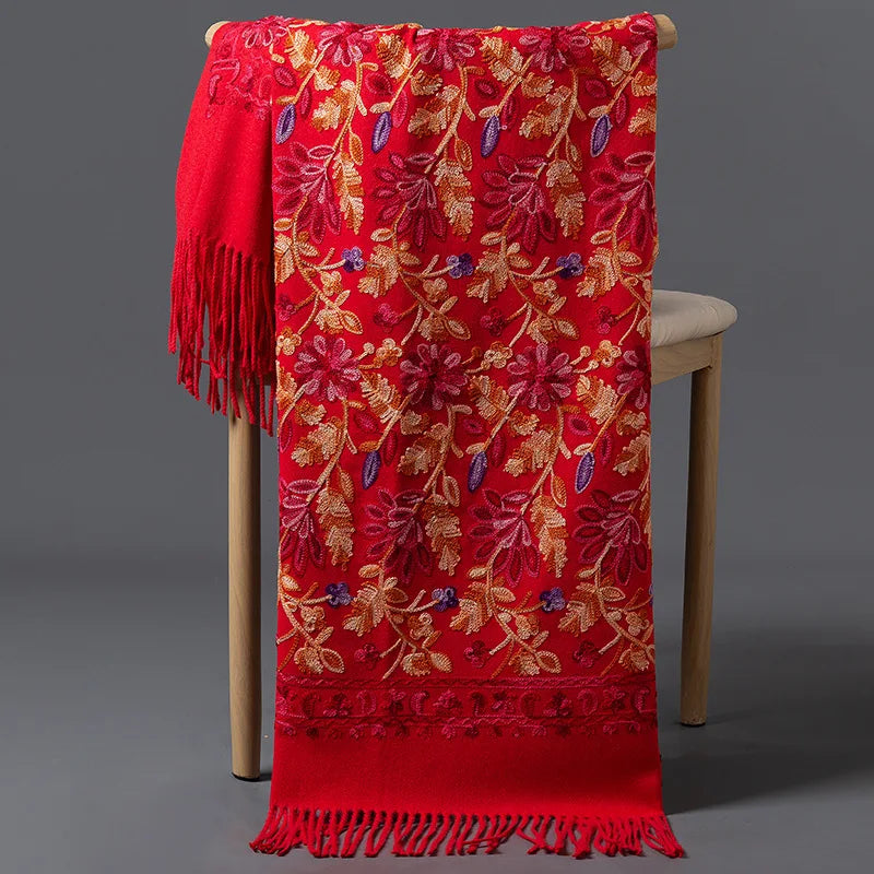 Luxury Women Floral Embroidery Cashmere Scarf Winter Warm Shawl Soft Thick Pashmina Foulard Female Tassel Blanket Scarves Wraps