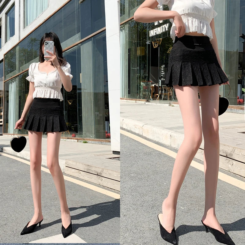 2023 Summer New Style Miniskirt Women High Waist Lace Black White Sweet and Cute Student Skirt Fashion Pleated Skirt