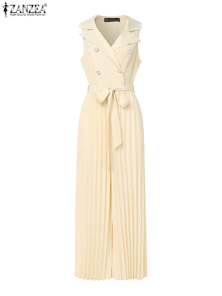 Pleated Sleeveless Office Jumpsuit