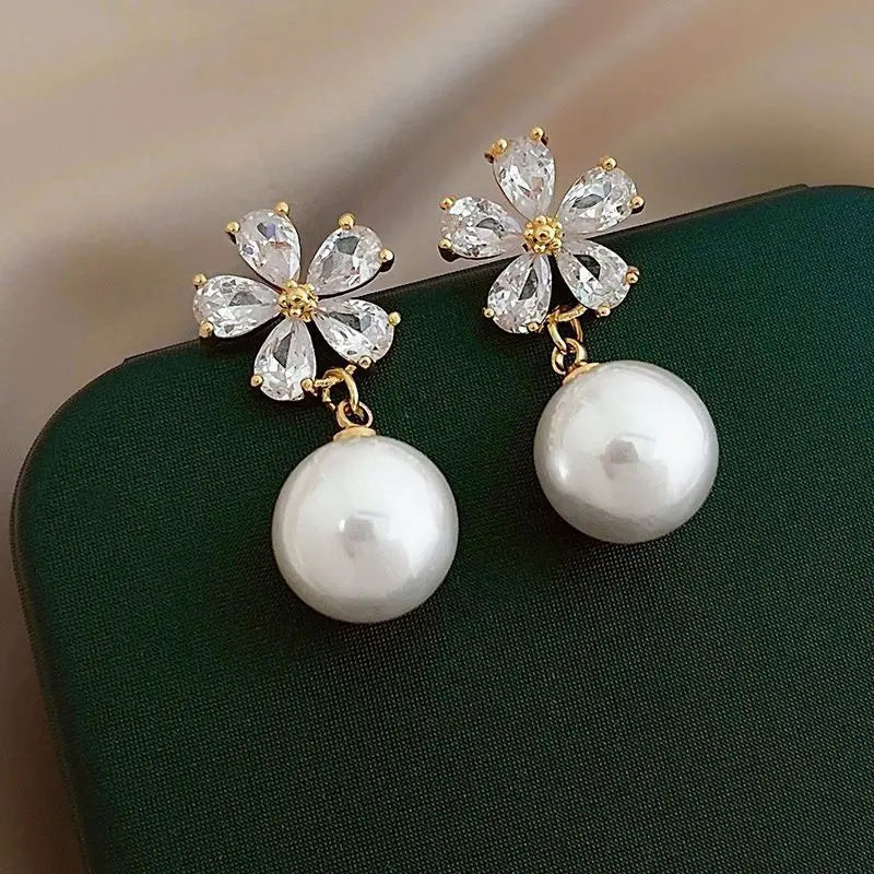 Rhinestone Flower Pearl Studs
