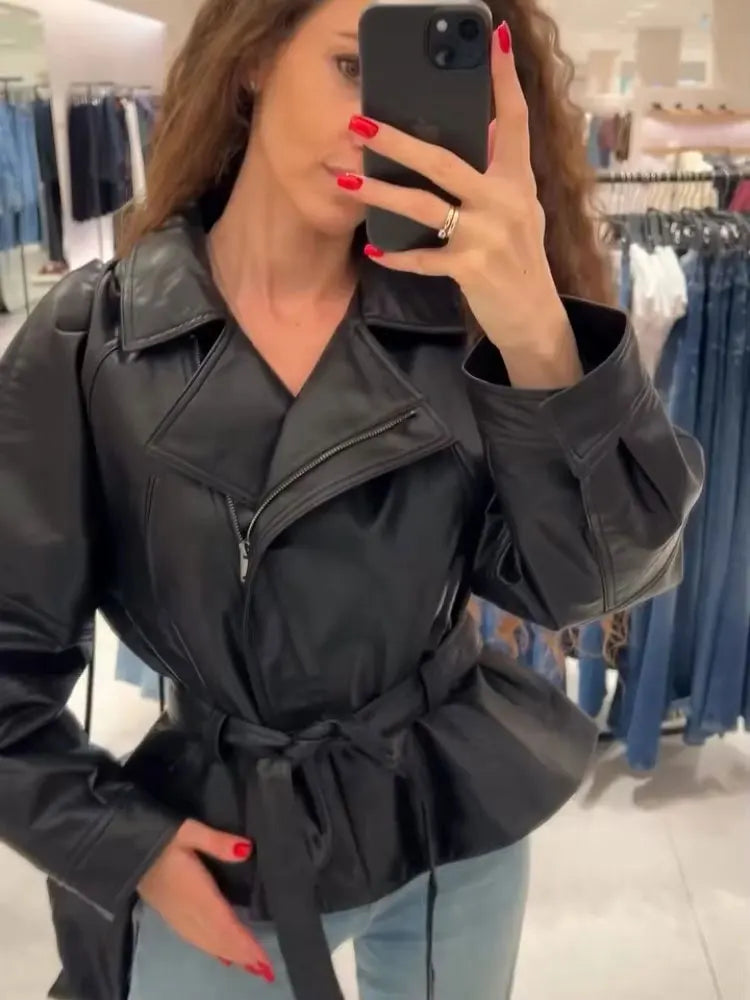 Belted Faux-Leather Trench Coat