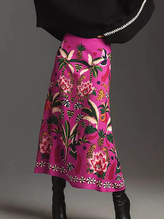 Women Summer Autumn Fashion Printed A-line Skirt Elegent Female Plants and flowers printed zipper Skirts