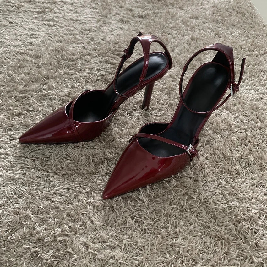 Fashion Dark Red Ankle Strap Pumps Women Point Head Patent Leather Stilettos Summer Sexy Thin High Heels Sandals For Woman