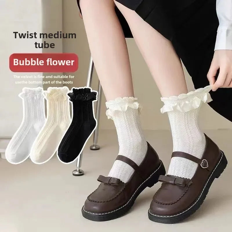 JK Japanese Lace Bow Ruffle Socks Kawaii Lolita Short Socks Cotton Socks Lacework Stockings Women's Mid-tube Solid Stockings
