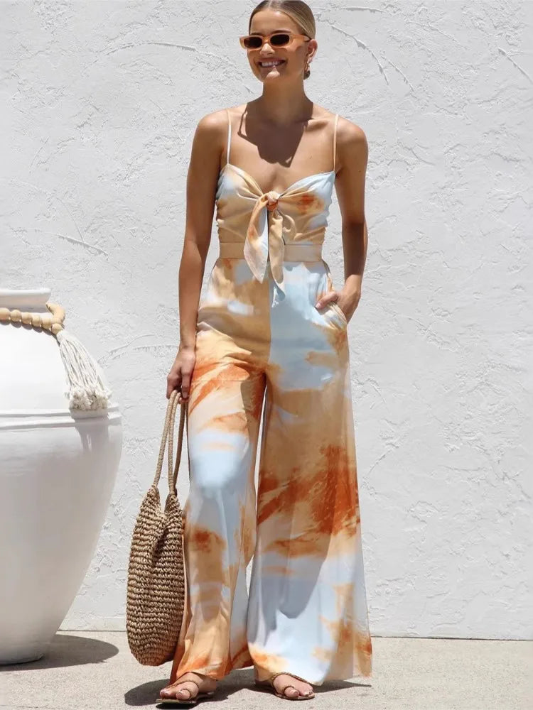 Bow-Tie Vacation Print Jumpsuit