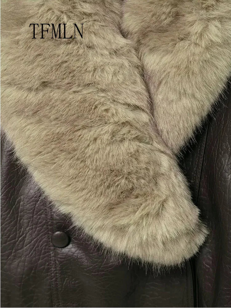 Double-Breasted Fur-Collar Faux-Leather Jacket