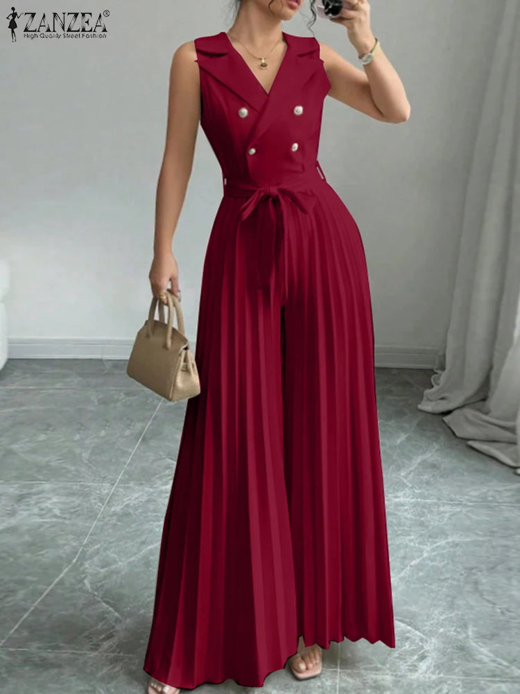 Pleated Sleeveless Office Jumpsuit