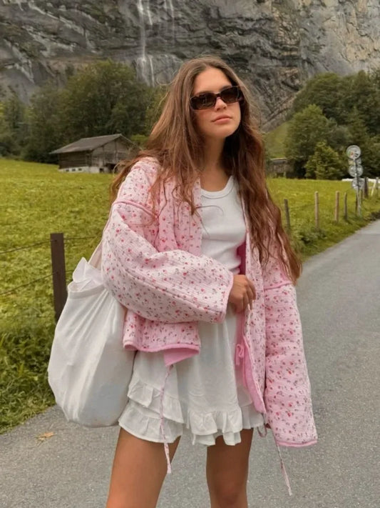 Floral Cotton-Padded Lace-Up Jacket
