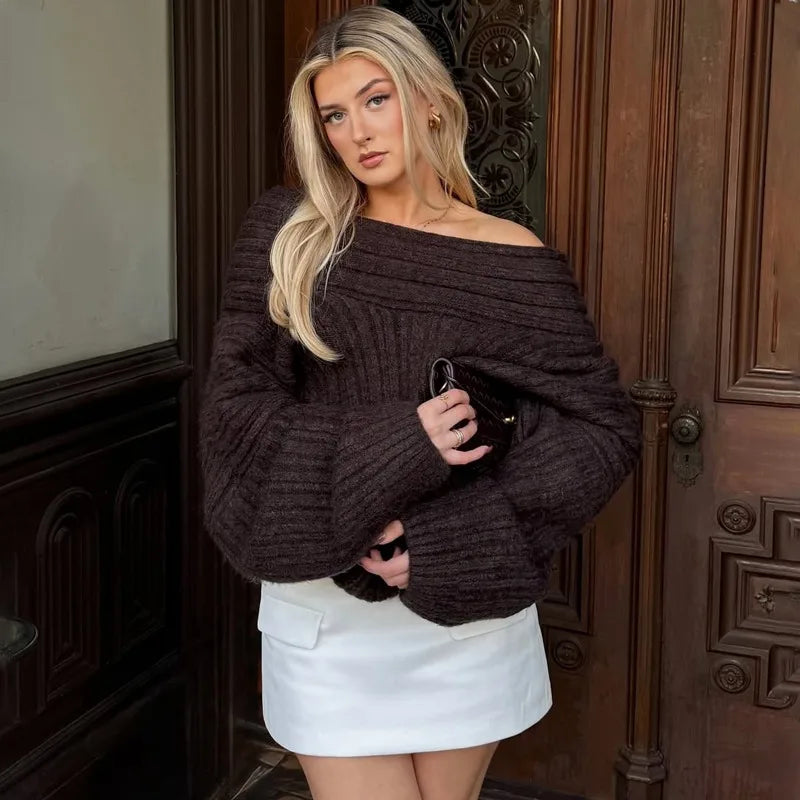 Tuularose Women's Off-Shoulder Sweater Fashion Loose Casual Brown Retro Pullover Spring High Street Office Lady Tops Knitwear