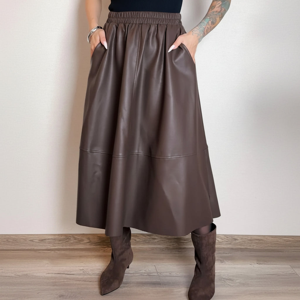 Midi Brown Leather Skirts For Women Autumn Winter Elastic Waist A Line Big Swing Black Long Skirts Women Leather With Pockets