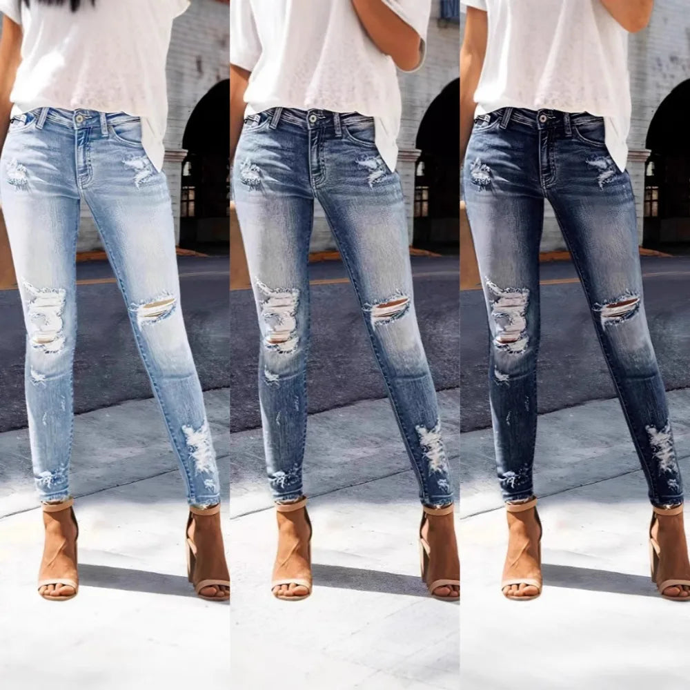 Distressed High-Stretch Straight Jeans