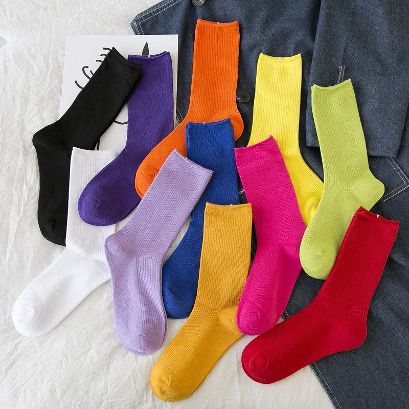New Women Socks Fashion Solid Color Crew Socks For Women Preppy Style Breathable Neon Color Long Korean White Socks Girl Casual