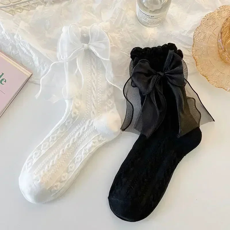 JK Japanese Lace Bow Ruffle Socks Kawaii Lolita Short Socks Cotton Socks Lacework Stockings Women's Mid-tube Solid Stockings