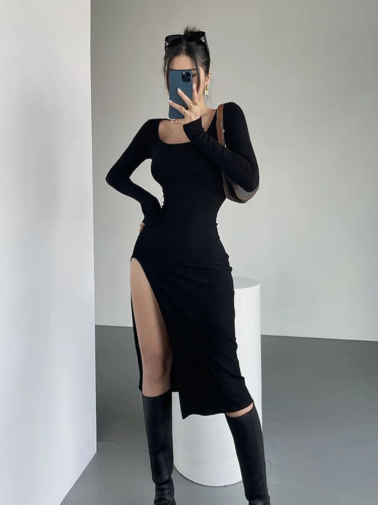 Square-Neck Split Bodycon Dress