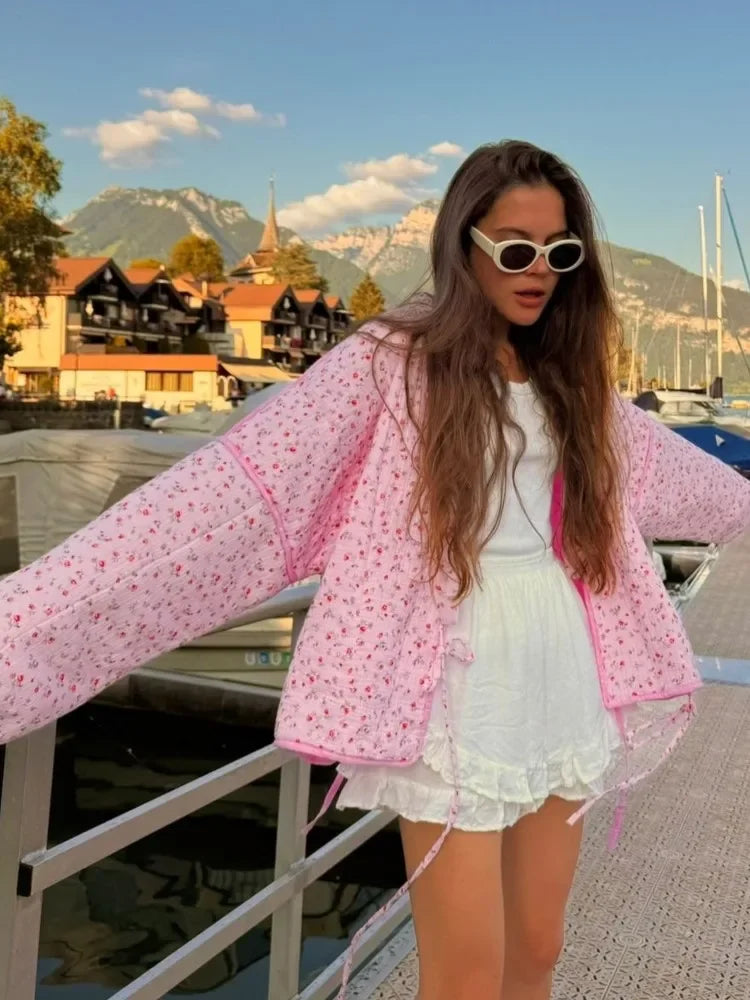 Floral Cotton-Padded Lace-Up Jacket