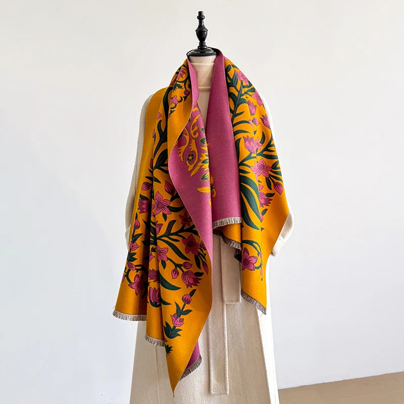 Elegant Women's Floral Jacquard Pashmina Shawl - Winter Thick Warm Double-Sided Tassel Design Coldproof Windproof Blanket Scarf