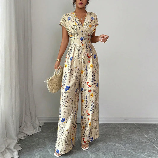 Floral Short-Sleeve Office Jumpsuit