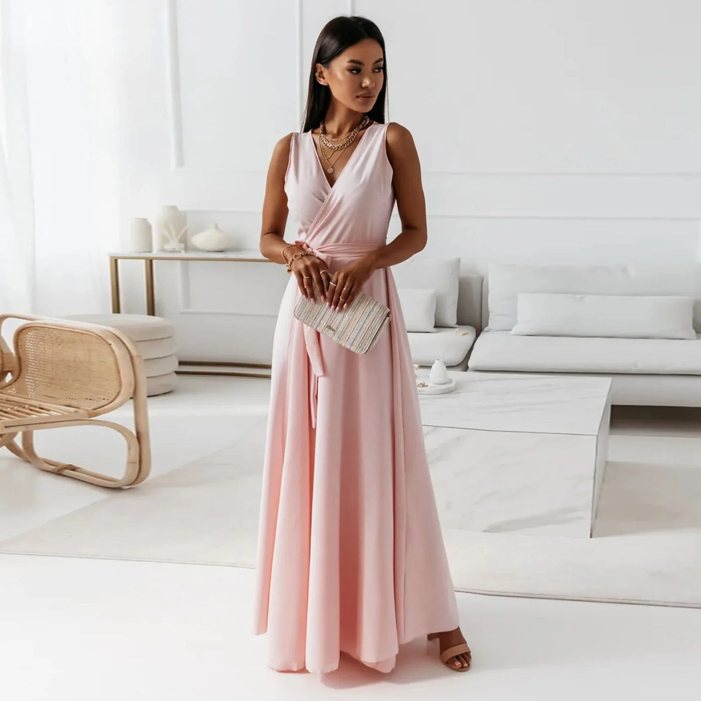Lace-Up V-Neck Maxi Dress